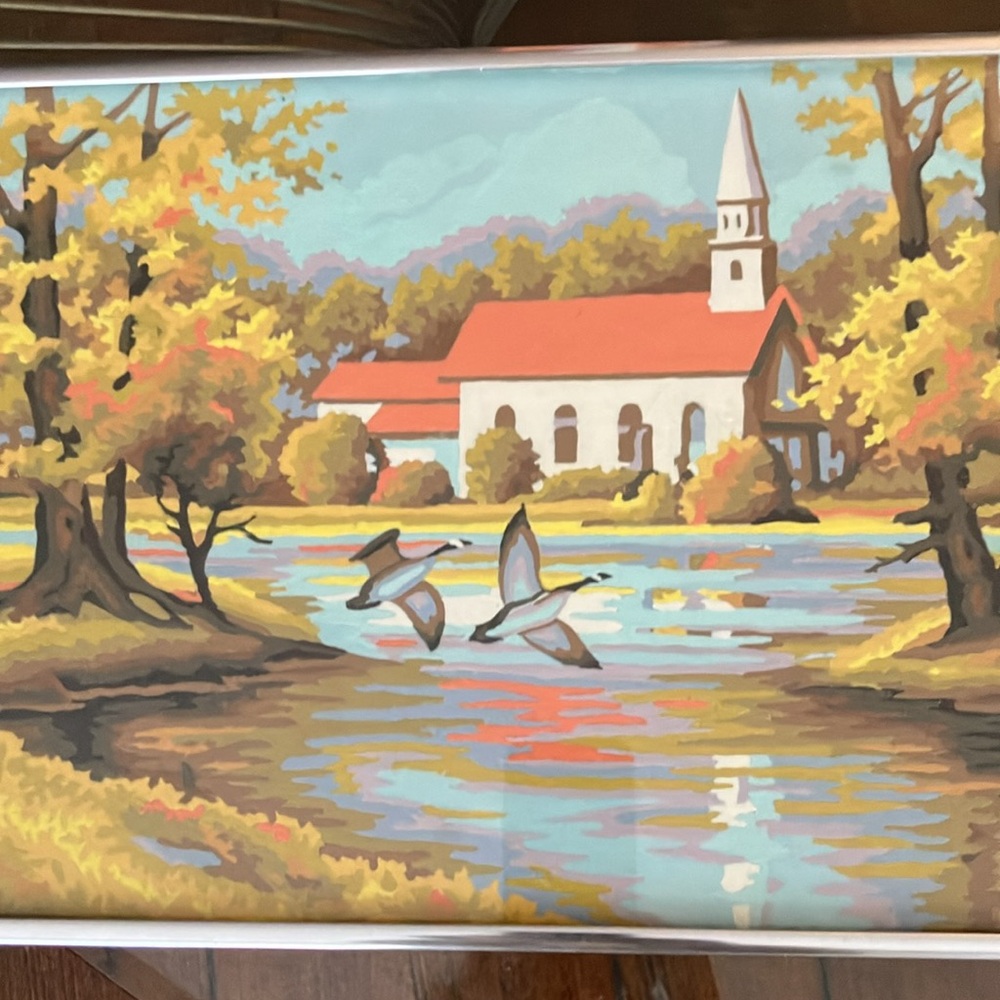 Framed vintage 70s Paint by Numbers Autumn Landscape Painting - Picture 6 of 12